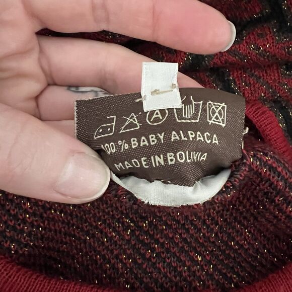 intiwara Women's Cardigan Size S Red Black 100% Baby Alpaca Handmade Bolivia - Picture 3 of 8